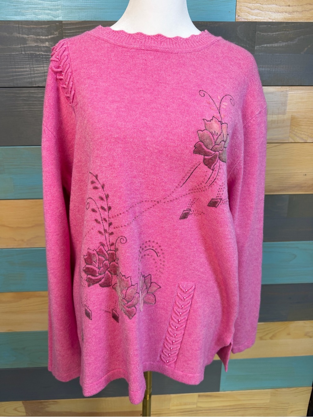Belle Femme Wool Cashmere Blend Pink Floral Beaded Cottage Style Soft Sweater
